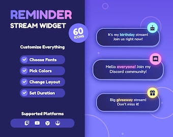 Twitch Stream Reminder Widget, Animated Follow Sub Discord Hydration Overlay, YouTube, StreamElements, OBS