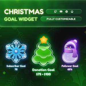 Könnte beinhalten: Ein grünes Weihnachts-Ziel-Widget mit Schneeflocke, Weihnachtsbaum und Schneemann. Der Text enthält "CHRISTMAS GOAL WIDGET" und "FULLY CUSTOMIZABLE". Zeigt Abonnenten-, Spenden- und Follower-Ziele an.