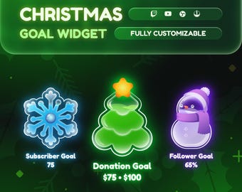 Kerstdoel Twitch-widget • Feestelijke sneeuwpop, sneeuwvlok, kerstboomontwerp • OBS- en YouTube-overlay • StreamElements