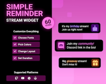 Twitch en YouTube Simple Reminder-widget • Neon-pop-upmeldingen voor streamers • 60 pictogrammen • Aangepaste chatopdracht-overlay (StreamElements en OBS)
