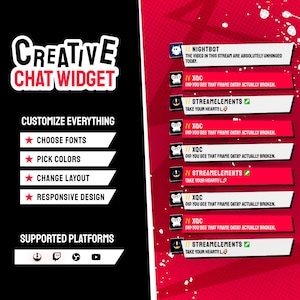 Może przedstawiać: Cyfrowa grafika z napisem Creative Chat Widget na czarnym tle oraz listą opcji dostosowywania, w tym czcionek, kolorów, układu i responsywnego projektu, obok czerwonego panelu przedstawiającego symulowany kanał czatu na żywo.