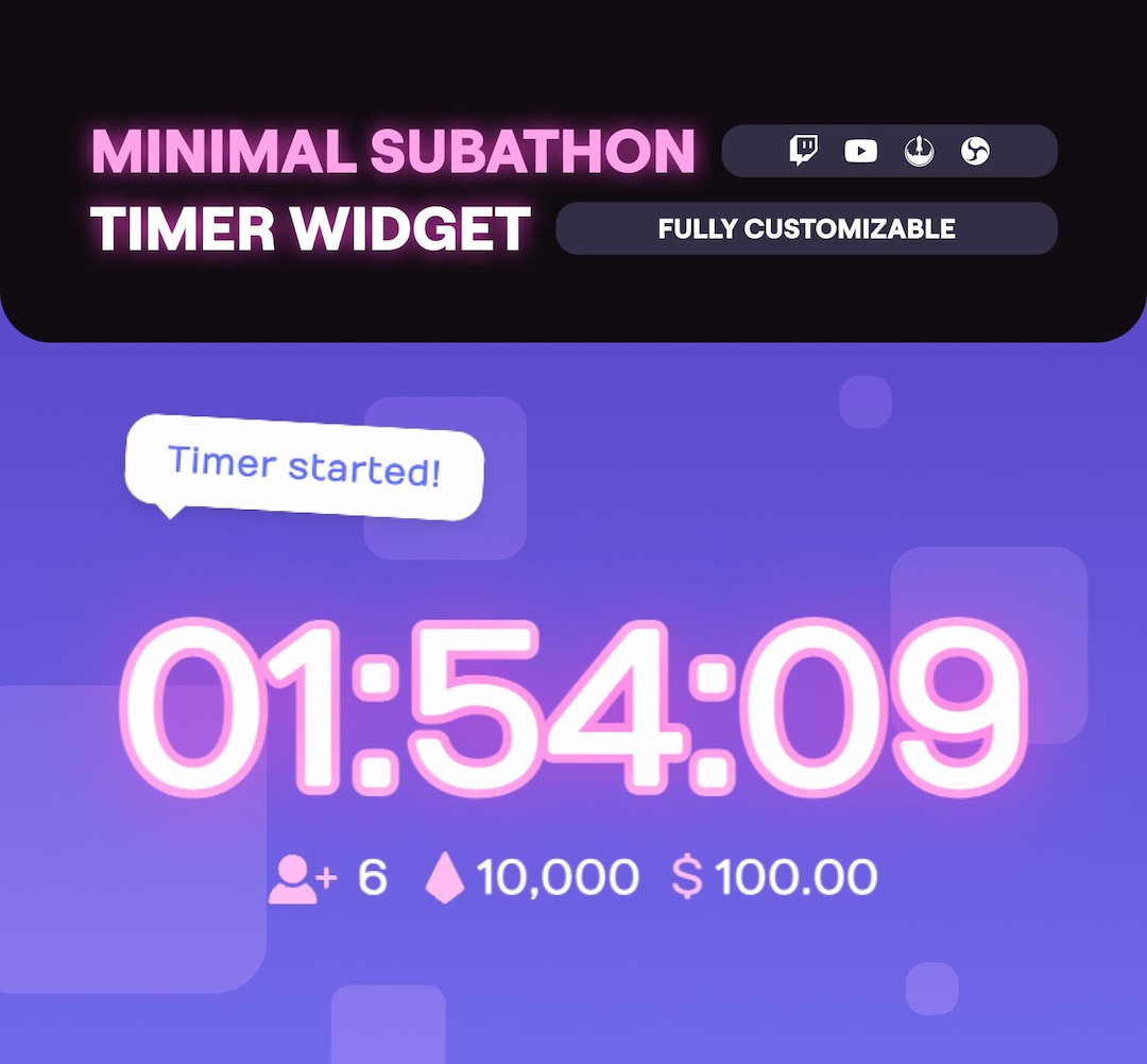 Twitch Minimal Subathon Timer Widget, Countdown for Subs Bits Tips ...