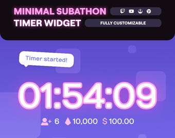 Twitch Minimal Subathon Timer Widget, Countdown for Subs Bits Tips Followers, YouTube, StreamElements, OBS