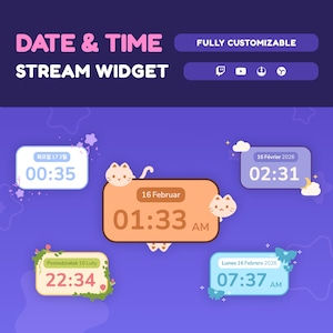 May include: A digital stream widget design with the text "DATE & TIME STREAM WIDGET" and "FULLY CUSTOMIZABLE". The image shows multiple time displays with dates and times in different formats, including a Korean date and time.