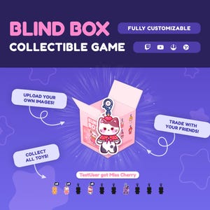 Puede incluir: Imagen promocional de un juego coleccionable de caja ciega. La imagen presenta una caja rosa con un dije de gato, el texto "BLIND BOX COLLECTIBLE GAME" y la frase "FULLY CUSTOMIZABLE". El texto adicional incluye "UPLOAD YOUR OWN IMAGES!", "COLLECT ALL TOYS!" y "TRADE WITH YOUR FRIENDS!"