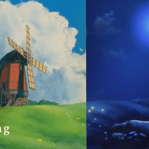Puede incluir: Una imagen dividida en dos partes que muestra un molino de viento en un campo con un cielo azul y nubes en el lado izquierdo y un cielo nocturno con luna llena y nubes en el lado derecho. El texto "Starting" est&aacute; en la parte inferior del lado izquierdo de la imagen.