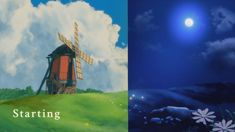 Puede incluir: Una imagen dividida en dos partes que muestra un molino de viento en un campo con un cielo azul y nubes en el lado izquierdo y un cielo nocturno con luna llena y nubes en el lado derecho. El texto "Starting" est&aacute; en la parte inferior del lado izquierdo de la imagen.