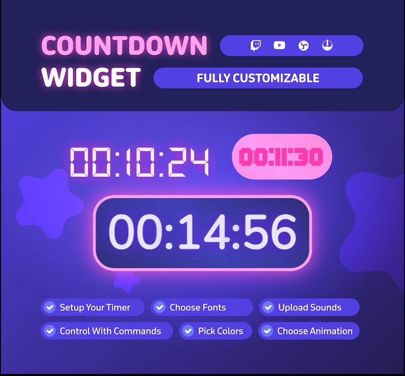 May include: A digital countdown widget graphic with a dark purple background. The text "COUNTDOWN WIDGET" is in white and pink. The widget displays time in a digital format, with options to customize fonts, colors, and animations.