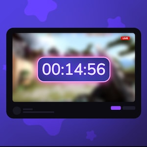 May include: A digital display showing a live stream with a timer reading 00:14:56 in white text on a blue background with a pink border. The screen is set against a purple background with star shapes.