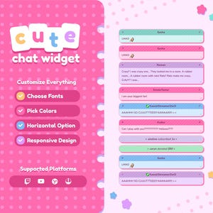 Pode incluir: Um design de interface de widget de chat digital com um fundo rosa e bolinhas brancas. O lado esquerdo exibe o texto cute chat widget e opções de personalização. O lado direito mostra uma lista vertical de mensagens de chat em várias cores.