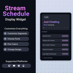 Puede incluir: Un widget de visualización digital con el texto "Stream Schedule" en morado y blanco. La pantalla muestra un programa de transmisión en vivo con opciones para personalizar segmentos, fuentes, colores y diseño.