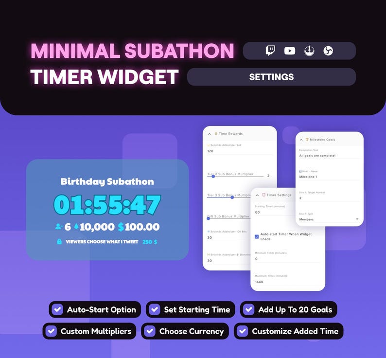 Twitch Minimal Subathon Timer Widget, Countdown for Subs Bits Tips ...