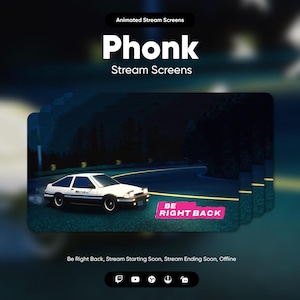Op de afbeelding: Geanimeerde streamschermen voor Twitch, YouTube en andere platforms. De schermen tonen een witte auto die 's nachts over een weg rijdt met de tekst "BE RIGHT BACK" in roze.