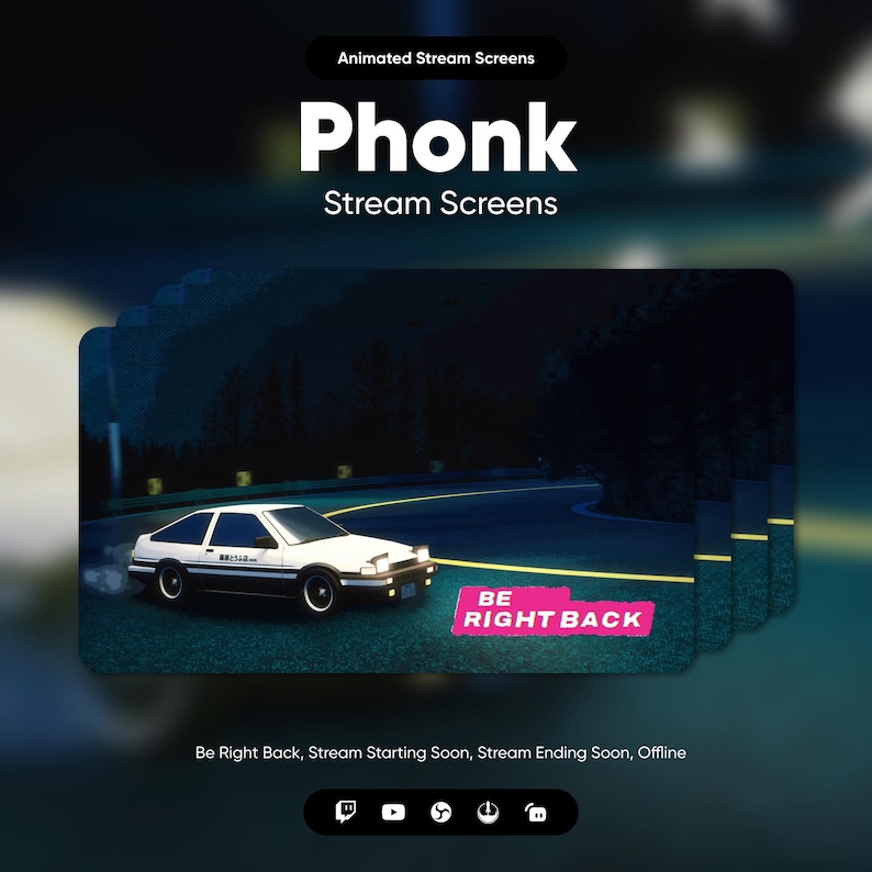 Op de afbeelding: Geanimeerde streamschermen voor Twitch, YouTube en andere platforms. De schermen tonen een witte auto die 's nachts over een weg rijdt met de tekst "BE RIGHT BACK" in roze.