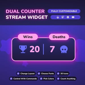 Può includere: Grafica digitale per un widget di streaming, con un doppio contatore per vittorie e morti, che mostra i numeri 20 e 7. Il design include icone, opzioni di personalizzazione e il testo "DUAL COUNTER STREAM WIDGET".