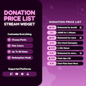 May include: A purple and black graphic for a stream widget, titled "Donation Price List." Features include customizable fonts, colors, and up to 20 items. Donation options include ASMR, gameplay, and dance. Supported platforms are listed at the bottom.