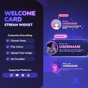 Joli widget de bienvenue • Carte de bienvenue contextuelle pour les streamers Twitch et YouTube • Image personnalisable • Commande de chat (StreamElements)