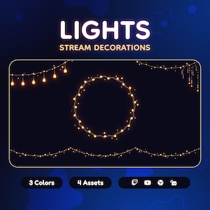 Puede incluir: Gráfico digital con la palabra "LIGHTS" y "STREAM DECORATIONS" en texto blanco. La imagen presenta varios diseños de luces de cadena, incluyendo una disposición circular y hebras colgantes. La parte inferior de la imagen muestra "3 colores", "4 activos" e iconos de redes sociales.