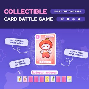 Pode incluir: Imagem promocional para um jogo de batalha de cartas colecionáveis. A carta apresenta um personagem de gato de desenho animado usando uma fantasia de maçã. O texto inclui "COLLECTIBLE CARD BATTLE GAME", "UPLOAD YOUR OWN IMAGES!" e "BATTLE WITH YOUR FRIENDS!"