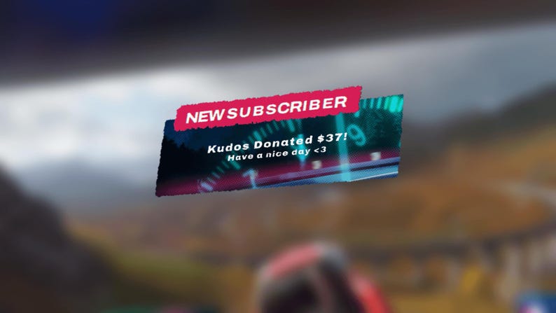 May include: A digital graphic with a ripped, pink banner that says "NEW SUBSCRIBER". The graphic also includes a blue and green speedometer with a needle pointing to the number 9. The text "Kudos Donated $37! Have a nice day <3" is displayed on the graphic.