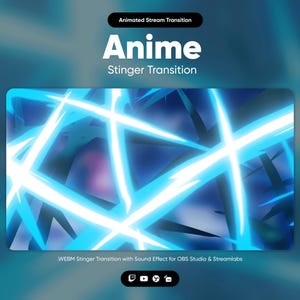 May include: Animated blue and black stinger transition with the text "Anime Stinger Transition" and "WEBM Stinger Transition with Sound Effect for OBS Studio & Streamlabs".