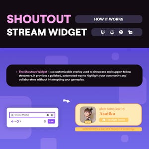 May include: A purple and black graphic promoting the Shoutout Stream Widget. The image includes the text "SHOUTOUT STREAM WIDGET" and a description of the widget's features. It also shows a sample of the widget in use, displaying a streamer's profile.