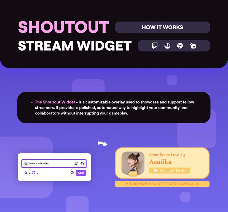 May include: A purple and black graphic promoting the Shoutout Stream Widget. The image includes the text "SHOUTOUT STREAM WIDGET" and a description of the widget's features. It also shows a sample of the widget in use, displaying a streamer's profile.