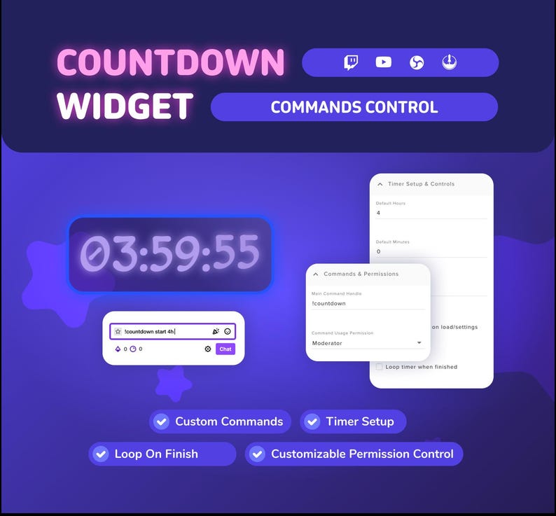 May include: A digital countdown timer widget with the text "COUNTDOWN WIDGET" in pink and white. The timer displays "03:59:55" in a glowing font. Features include custom commands, timer setup, and customizable permission control.
