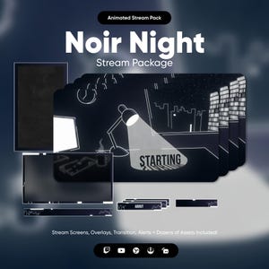 Può includere: Pacchetto di streaming animato per Twitch o YouTube con un tema di notte noir. Il pacchetto include una schermata di avvio, una schermata informativa, avvisi e sovrapposizioni. Il design presenta una città con una lampada che illumina il testo "STARTING".
