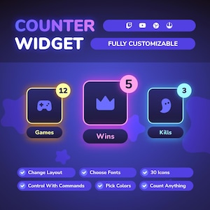 Cute Counter Widget • Game Stats Widget for Twitch and YouTube Streamers • 30 Icons • Chat Commands (StreamElements)