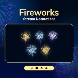 May include: Animated fireworks in various colors, including purple, blue, yellow, and white, on a black background. The text "Fireworks" and "Stream Decorations" is displayed above the fireworks.