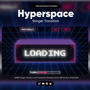 May include: A digital graphic for a stream transition, featuring the word "Hyperspace" in white, with "Stinger Transition" below. The design includes a "LOADING" graphic in pixelated white font, set against a grid background with pink and blue neon accents.