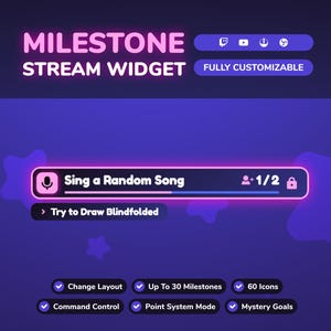 May include: A digital milestone stream widget graphic with a purple gradient background. It features the text "MILESTONE STREAM WIDGET" and "FULLY CUSTOMIZABLE". A progress bar displays "Sing a Random Song" with a microphone icon and a lock icon.