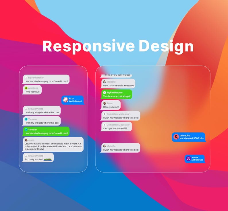 May include: A screenshot of a chat application with a colourful background. The chat window shows a conversation between several users. The text in the chat window includes messages like "I just donated using my mum's credit card!" and "Wow this stream is awesome!"