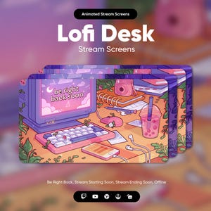 Lofi Desk Twitch Stream Screens · Be Right Back · Starting Soon · Offline · OBS Overlay · Streamlabs Overlay · Animated Stream Screens