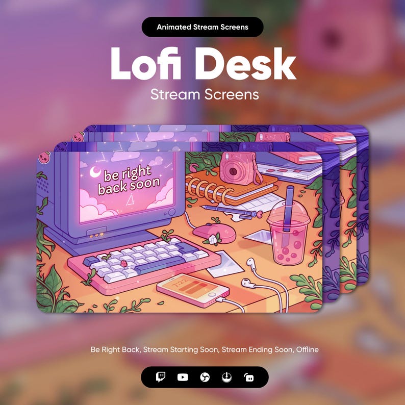May include: A digital illustration of a computer screen with the text "be right back soon" on a pink and purple background. The computer is on a desk with a cup of boba tea, a notebook, a camera, and headphones. The image is a stream screen for a Lofi Desk channel.