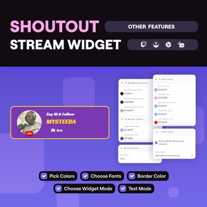 May include: A digital interface for a stream widget, featuring options to pick colors, choose fonts, and set border colors. The interface includes a live stream display with the text "Say Hi & Follow MYSTEEDA".
