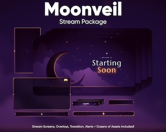 Purple Moon Twitch Overlay Paket • Animierte Celestial Stream Bildschirme Alarme Panels OBS Bundle