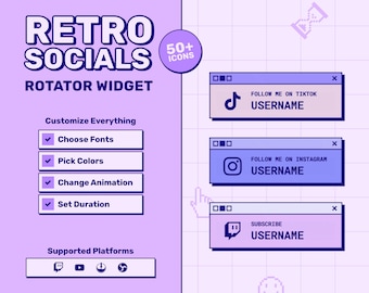 Twitch Pixel Art Social Media Rotator Widget, Animated Retro Cards Overlay, YouTube, StreamElements, OBS
