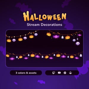 May include: Halloween stream decorations featuring two strings of lights. The top string has orange pumpkins and skulls. The bottom string has purple ghosts and bats. The text "Halloween Stream Decorations" is at the top of the image.
