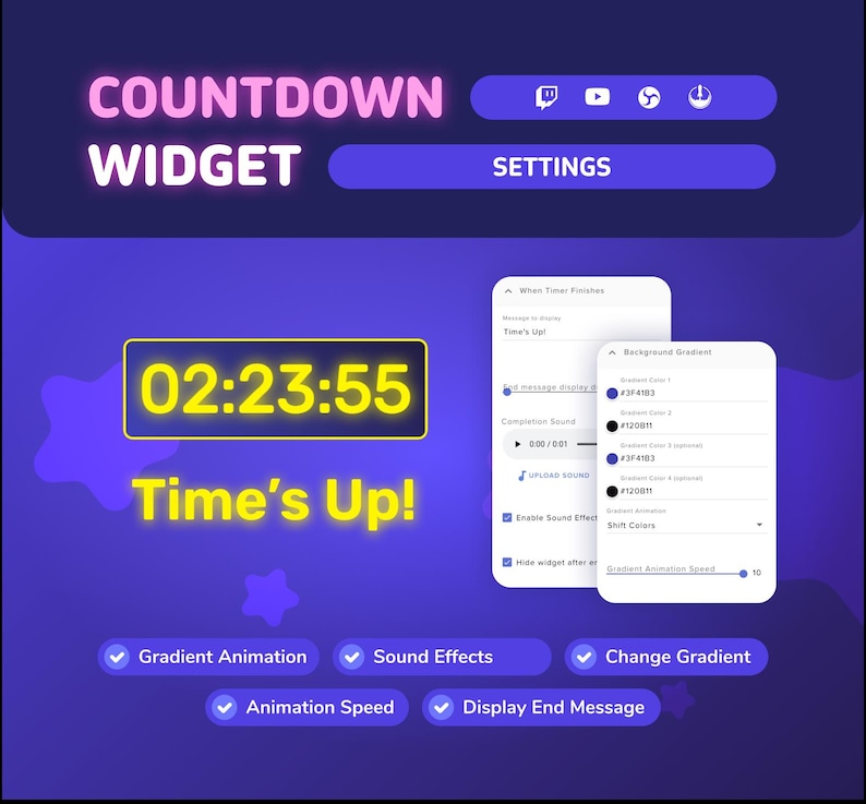 May include: A digital interface for a countdown widget, featuring a neon-style display of time: 02:23:55. The text "COUNTDOWN WIDGET" and "Time's Up!" are also displayed. Options include gradient animation and sound effects.