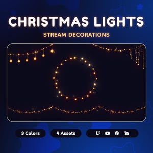 12 種類のアニメーション クリスマス ライト ストリーム デコレーション • 居心地の良いホリデー Twitch および Vtuber オーバーレイ • 青、黄、RGB のバリエーション • 冬のストリーム アセット