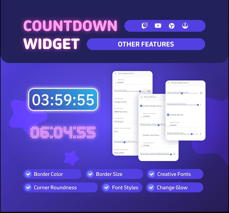 May include: A digital countdown widget interface with a blue and purple color scheme. The text "COUNTDOWN WIDGET" is at the top. The display shows two countdowns: 03:59:55 and 06:04:55. Features include border color, size, creative fonts, and glow.