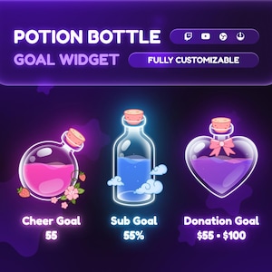 May include: Digital graphic featuring three potion bottle designs for a goal widget. The bottles contain pink, blue, and purple liquids. Text includes "POTION BOTTLE GOAL WIDGET" and "FULLY CUSTOMIZABLE", along with goal labels and percentages.