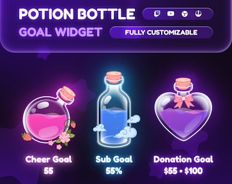 May include: Digital graphic featuring three potion bottle designs for a goal widget. The bottles contain pink, blue, and purple liquids. Text includes "POTION BOTTLE GOAL WIDGET" and "FULLY CUSTOMIZABLE", along with goal labels and percentages.