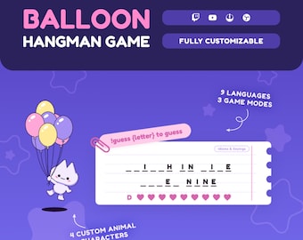 Twitch Hangman Chat Game Widget, Kawaii Balloon Word Guess Overlay, StreamElements, OBS