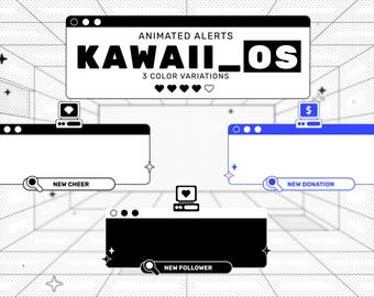 May include: Black and white graphic design featuring animated alerts for streaming. The design includes the text "KAWAII_OS" and "3 COLOR VARIATIONS". Three different color variations are shown, with text labels such as "NEW CHEER" and "NEW DONATION".