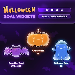 Op de afbeelding: Halloween-thema doelwidgets met een vleermuis-, pompoen- en spookkarakterontwerp. De tekst bevat "Halloween Goal Widgets" en "Fully Customizable". De achtergrond is paars.