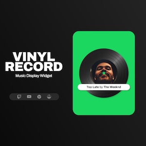 Puede incluir: Un cuadrado verde con un disco de vinilo negro en el centro. El disco tiene una imagen de una persona en él. El texto "Too Late by The Weeknd" está debajo del disco.
