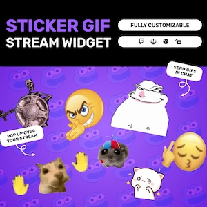 May include: A purple background featuring animated stickers and the text "STICKER GIF STREAM WIDGET." The stickers include a skeleton, angry emoji, hamster, cat, and other emojis. The text "FULLY CUSTOMIZABLE" is also present.